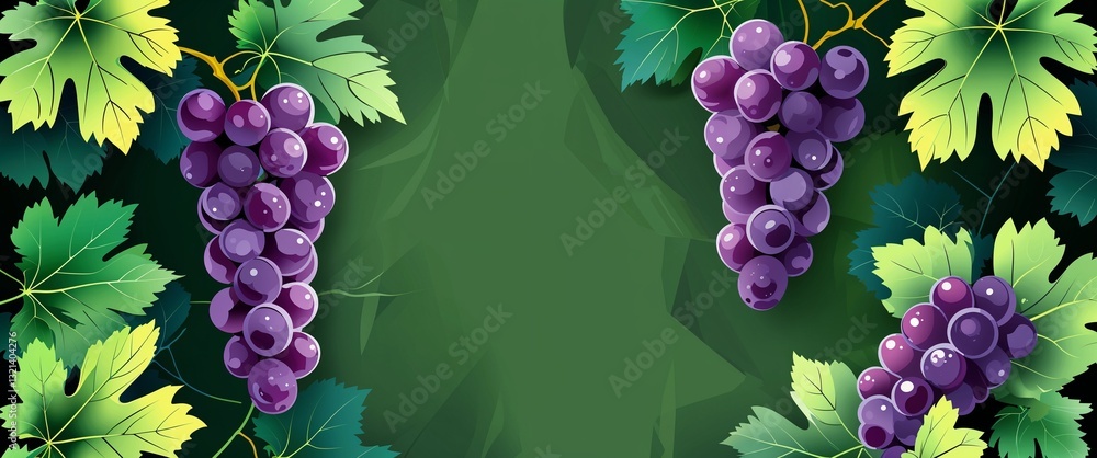 Poster grape leaf pattern on green plain background digital abstract art work illustration design