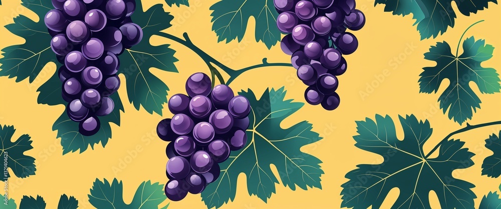 Poster grape leaf pattern on yellow plain background digital abstract art work illustration design
