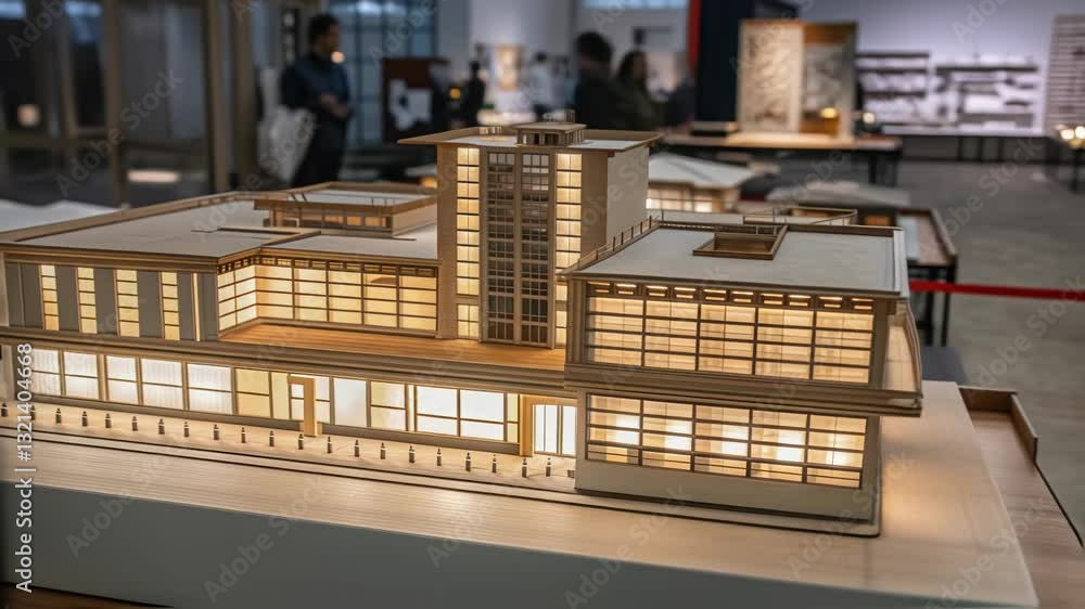 Poster wooden scale model of a modernist house, illuminated from inside, rotating slowly on a white platfor