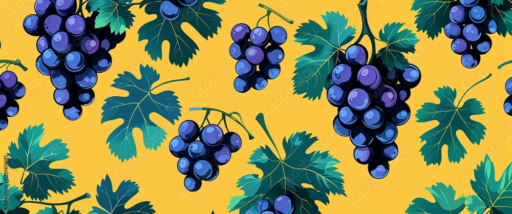 Poster grape leaf pattern on yellow plain background digital abstract art work illustration design