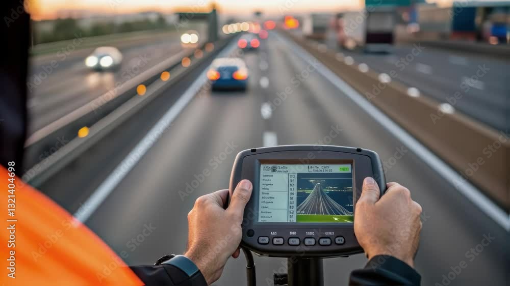Poster Highway traffic flow monitoring using advanced electronic device by professional surveyor wearing high visibility vest during golden evening light, capturing transportation infrastructure analysis