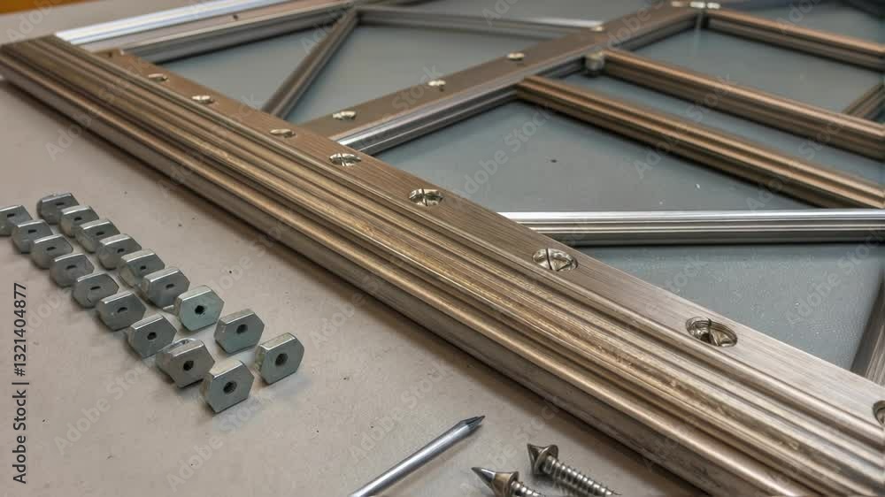 Aufkleber Metallic hardware and partially assembled window frame resting on workshop table, showcasing precision metalworking process with professional tools for construction and home improvement