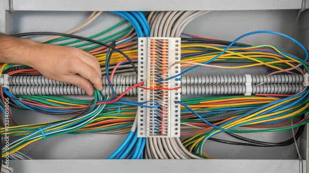 Aufkleber Skilled electrician meticulously connecting colorful wires inside fuse box, ensuring secure electrical system flow with precise cable management and safety protocols