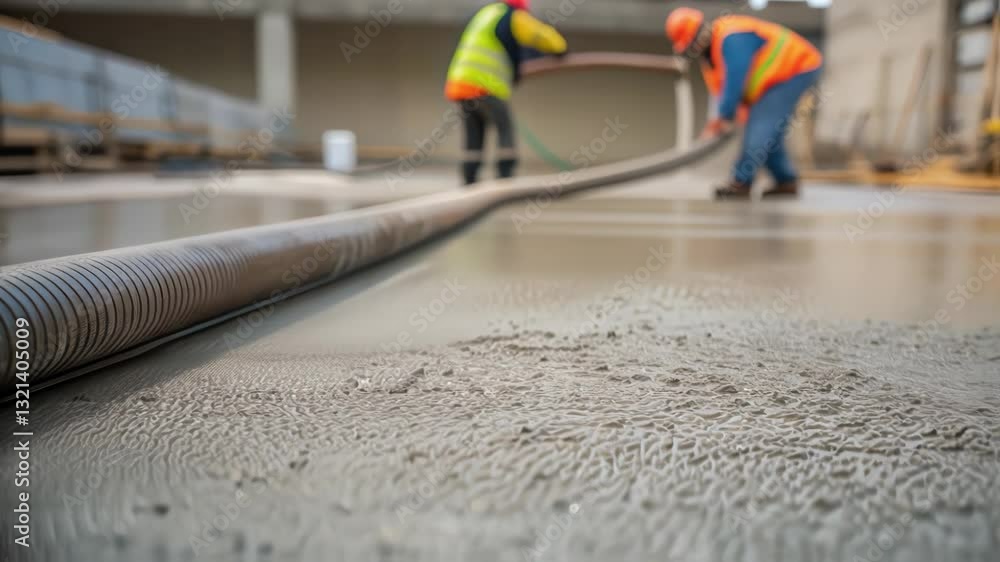 Poster Professional construction team pouring concrete using specialized pump, creating smooth foundation surface with precise teamwork and industrial expertise