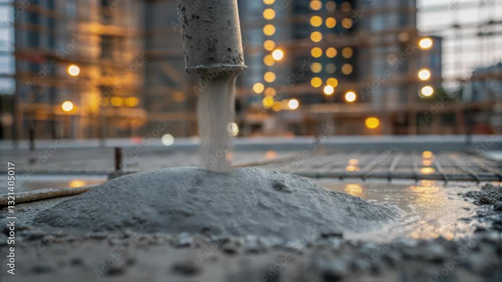 Aufkleber wet concrete flowing from construction site pipe during evening hours, gradually forming small cemen