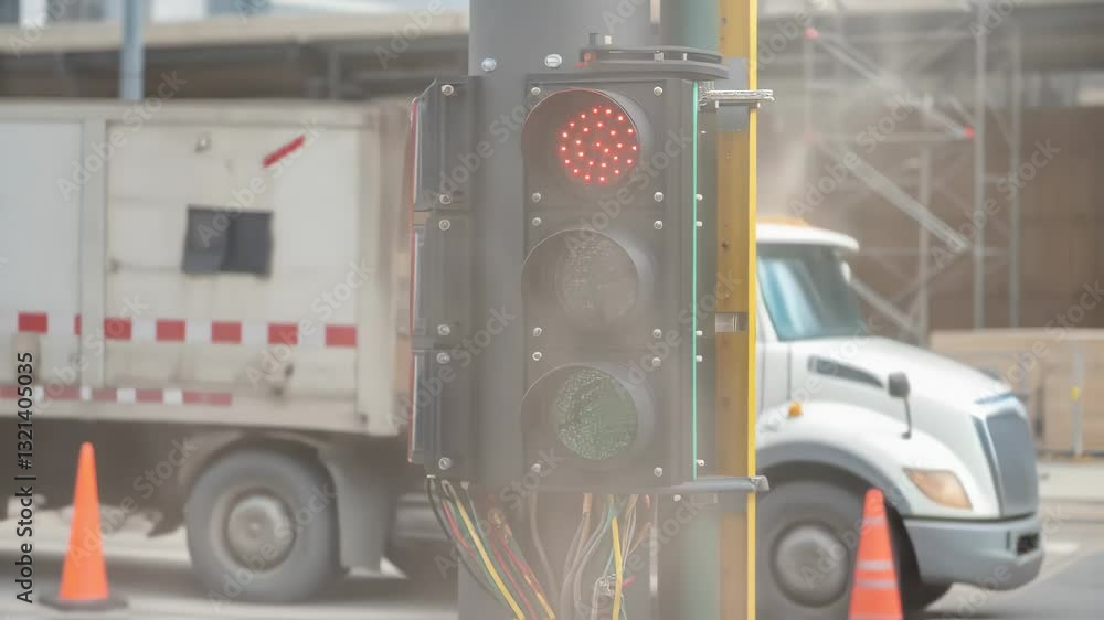Poster construction workers laboring near partially obscured traffic light, generating dust cloud from pass
