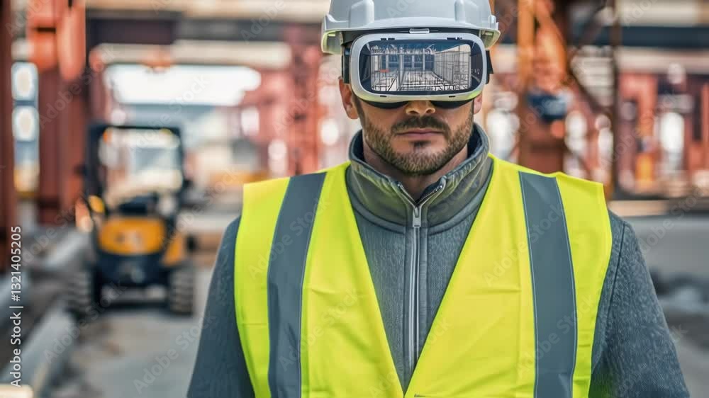 Aufkleber Professional construction engineer wearing a virtual reality headset and visualizing project progress in a modern construction site, demonstrating the innovative use of technology in the industry
