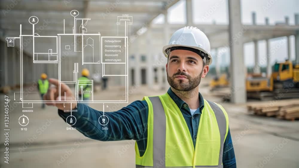 Aufkleber Construction engineer wearing safety helmet and vest pointing with finger using virtual reality augmented reality holographic software bim system on building site