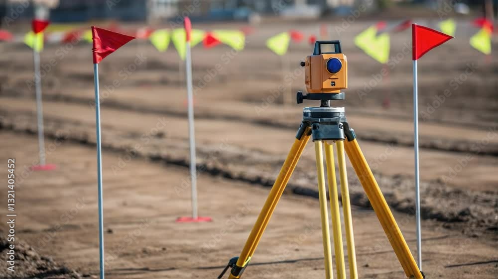 Poster professional surveying theodolite standing on tripod among colorful markers, capturing precise engin