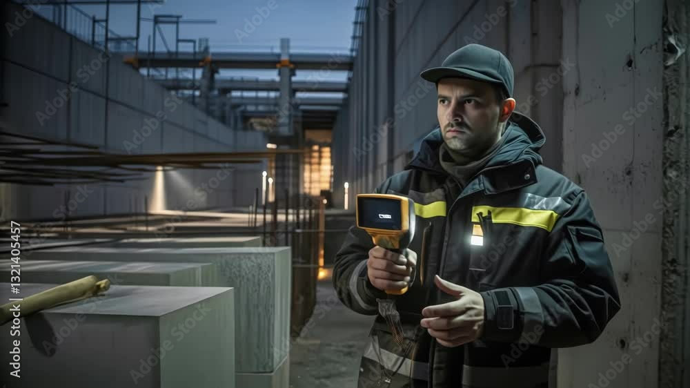 Poster construction worker wearing a safety jacket and cap, using a thermal imaging camera to inspect concr