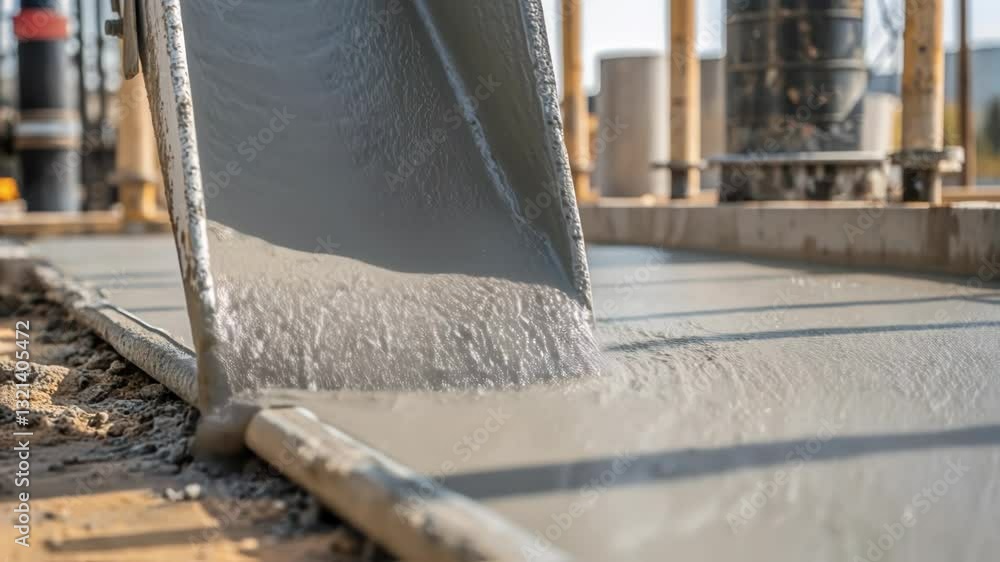 Aufkleber Wet concrete flowing steadily through construction chute, spreading evenly across foundation formwork and creating smooth, level surface at building site