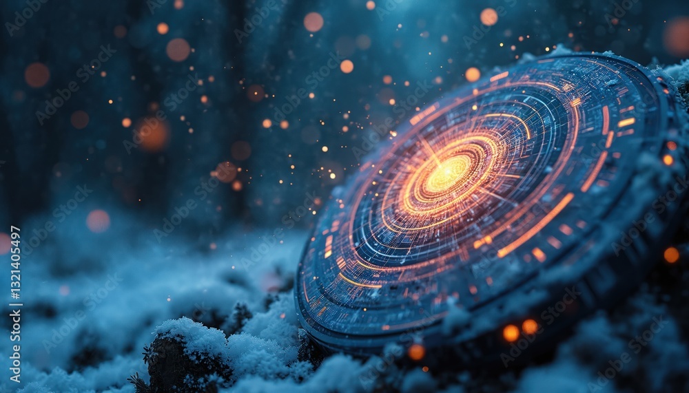 Poster Abstract futuristic tech in winter landscape. Glowing orange light circles on snow covered surface. Hi-tech design element. Digital technology innovation concept. Data transfer, computing, network