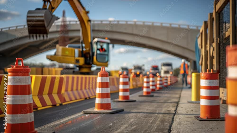 Aufkleber construction workers rebuilding highway segment, operating excavator near traffic cones, managing tr
