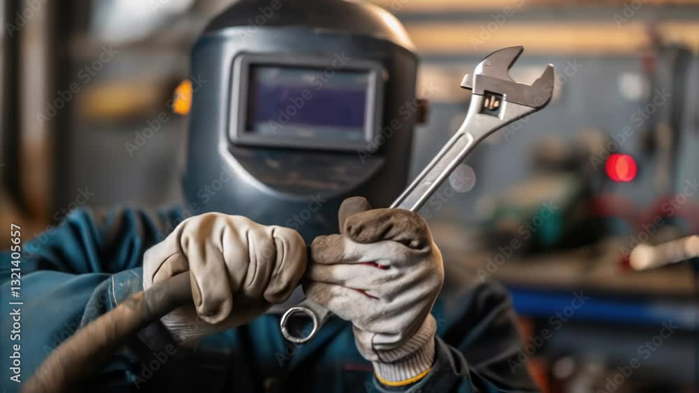 Poster professional welder wearing protective gloves and a welding mask is tightening a nut onto a pipe usi