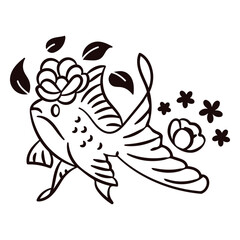 Elegant Fish Illustration: A refined illustration of a fish, gracefully adorned with flowers and leaves, embodies a sense of serenity and artistic beauty.