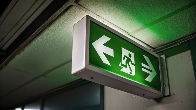 Illuminated green emergency exit sign indicating multiple escape routes with arrows pointing left and right, attached to a wall in a public building