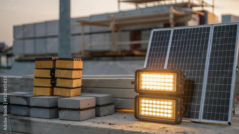 Poster solar panel powered led floodlight casting warm illumination across construction site, highlighting 