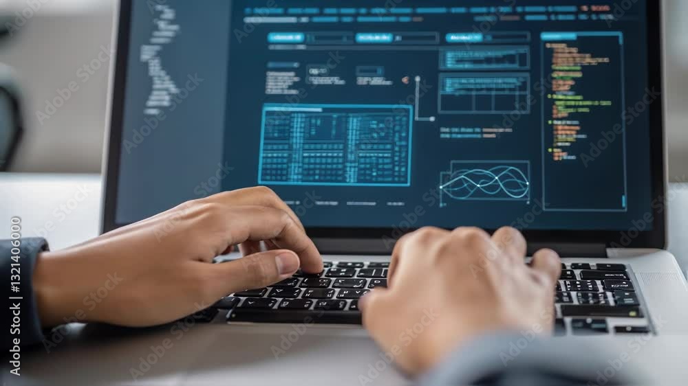 Poster Close up of male hands typing on laptop keyboard, developing software, lines of code visible on screen in dark mode, suggesting focused work in a technological environment