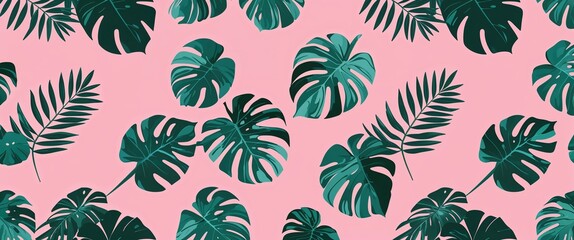 monstera leaf pattern on pink plain background digital abstract art work illustration design