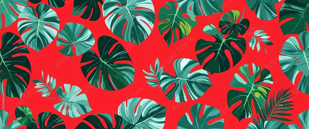Poster monstera leaf pattern on red plain background digital abstract art work illustration design