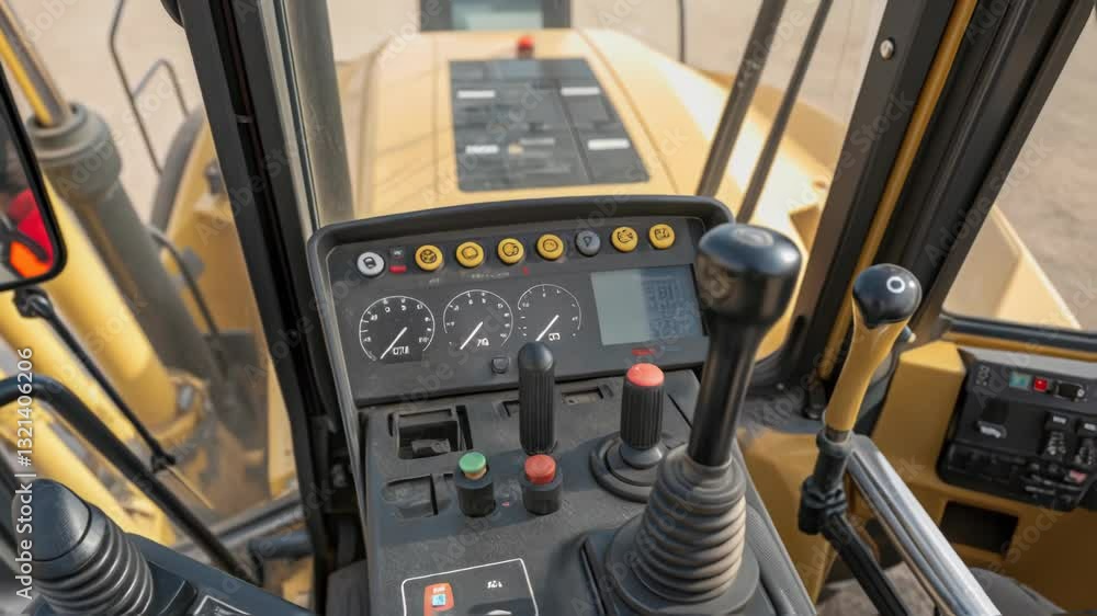 Poster multiple views of the interior of a yellow industrial vehicle, highlighting the control panel with v