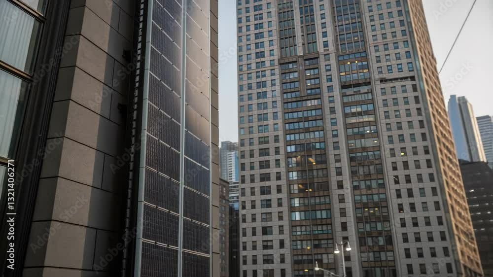 Poster sunlight reflects on solar panels installed on a building, showcasing a commitment to renewable ener