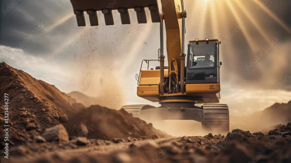 Poster massive yellow excavator working intensely, moving massive amounts of earth while generating billowi