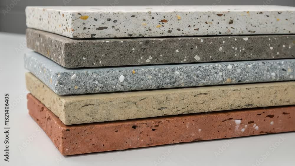 Poster four quartz and terrazzo tiles samples in different colors rotate slightly, stacked on a white backg