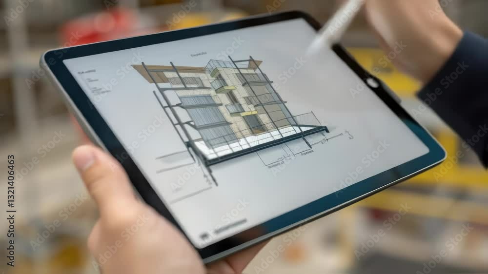 Poster Architect's hands manipulating a 3d model of a modern building on a digital tablet with a stylus, showcasing the design process in a construction site setting