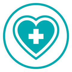 Obraz premium Healthcare Heart Icon: A vibrant teal heart, adorned with a white cross, set within a circular frame, perfectly encapsulates the essence of health and well-being. 