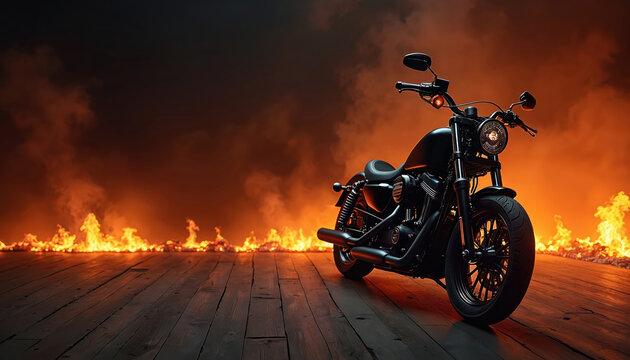 Black motorcycle on wooden surface against backdrop of blazing flames. Motorcycle rally concept, biker club, moto festival template. Copy space area for brand presentation or flier design.