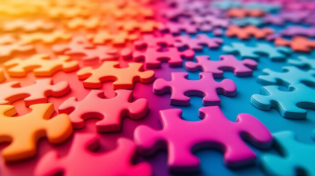 Colorful puzzle pieces, close-up, vibrant gradient, background,  for teamwork concept