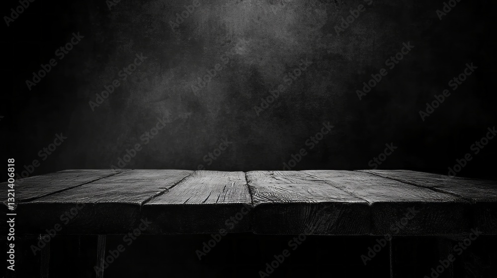 Aufkleber a weathered wooden table sits alone in a dimly lit space, surrounded by swirling shadows and haze, c
