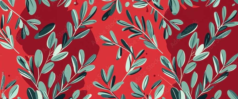 Aufkleber olive leaf pattern on red plain background digital abstract art work illustration design