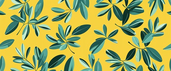 Fototapeta premium olive leaf pattern on yellow plain background digital abstract art work illustration design