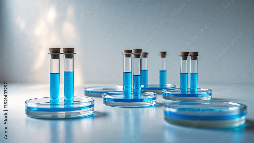 Poster test tubes filled with blue liquid arranged on a lab table create a vibrant and inviting atmosphere