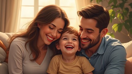 Fototapeta premium A happy family smiles together on a couch in a comfy setting