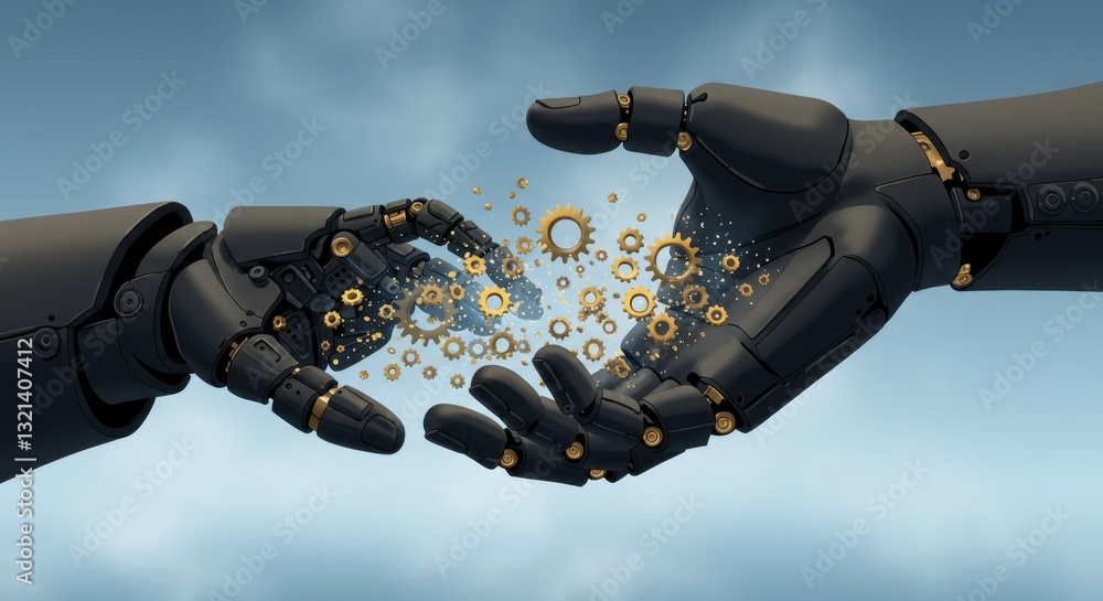 Poster robotic collaboration: two mechanical hands exchanging golden gears, symbolizing technological syner
