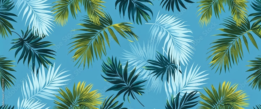 Poster palm leaf pattern on cyan plain background digital abstract art work illustration design