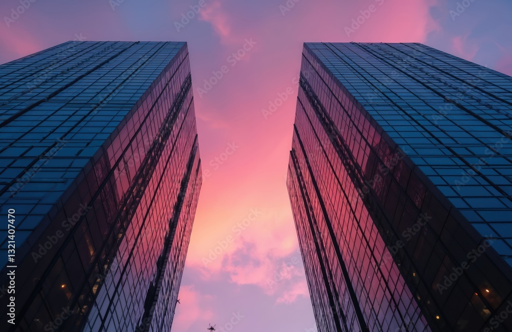 Aufkleber two adjacent skyscrapers in urban city setting against sunset sky. modern highrise buildings in metr