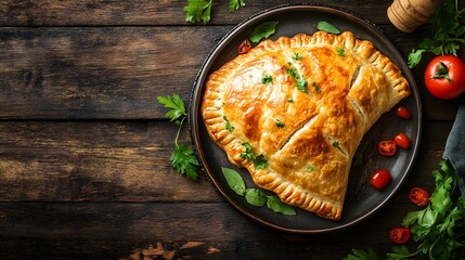 Savory pastry with herbs and tomatoes on a wooden table. The pastry is shaped like a triangle and is placed on a black plate