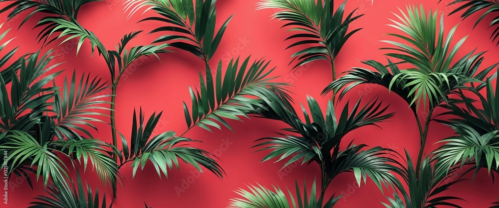 Poster palm leaf pattern on red plain background digital abstract art work illustration design