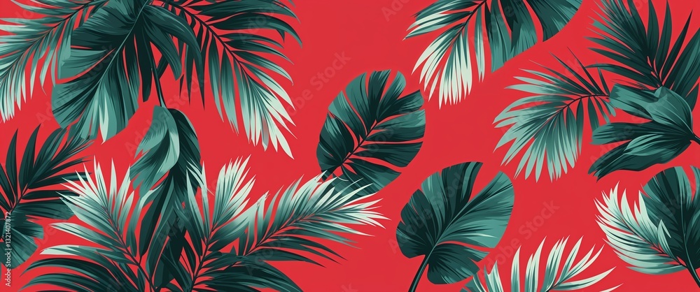 Poster palm leaf pattern on red plain background digital abstract art work illustration design