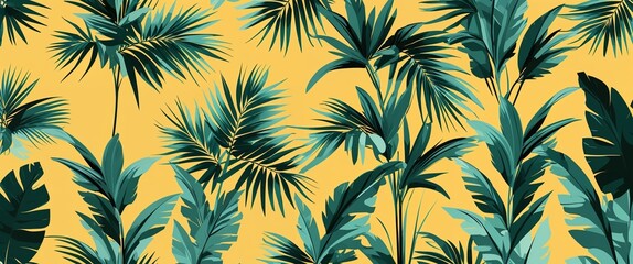 Fototapeta premium palm leaf pattern on yellow plain background digital abstract art work illustration design