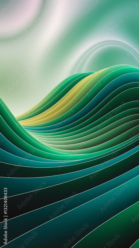 Poster Abstract image of layered green and teal curves, creating a wave-like effect, showcasing a smooth and flowing design, ideal for background or decorative use.