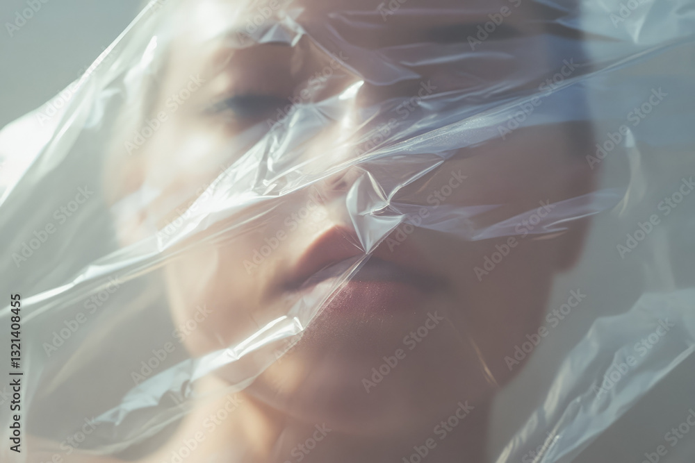 Poster person with serene expression is partially obscured by translucent plastic sheet, creating dreamy an