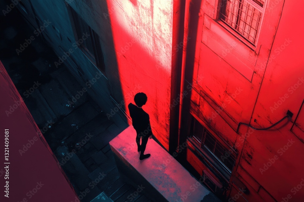 Poster a person stands on the edge of a building, looking out at the view