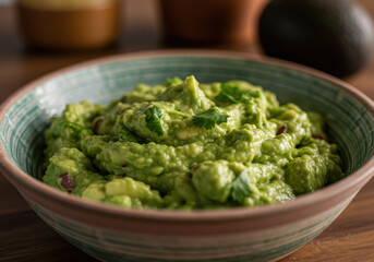 Obraz premium A close-up shows a vibrant bowl of homemade guacamole, garnished with fresh cilantro and served as a delicious dip.