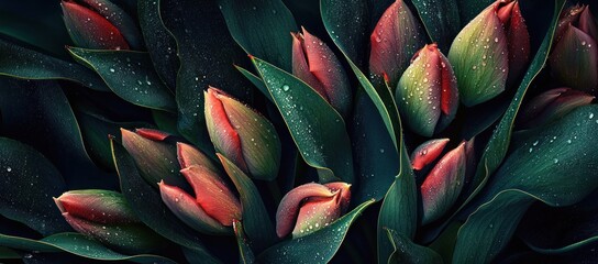 Obraz premium Close-up of dew-kissed red tulip buds.