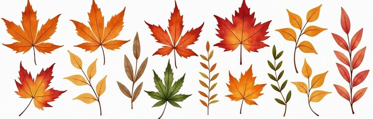 Watercolor illustration of fall leaves, branches with vibrant autumnal colors. Seamless pattern background perfect for fabric design, wallpaper, stationery, seasonal projects. Set with maple foliage.